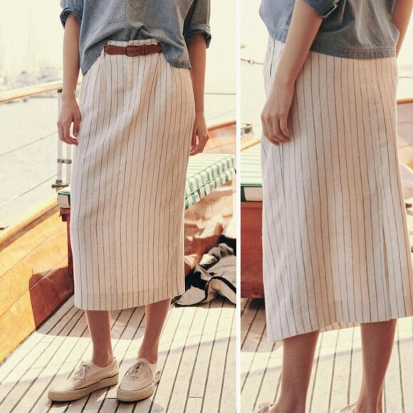 THE GREAT. Dresses & Skirts - NWT THE GREAT. Women's Pleated Column Mid Rise Skirt | Sz 25 | Cream Pinstripe